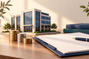 Ilustracija finansiranja preduzeća: poslovna dokumentacija, novčići i model poslovne zgrade.