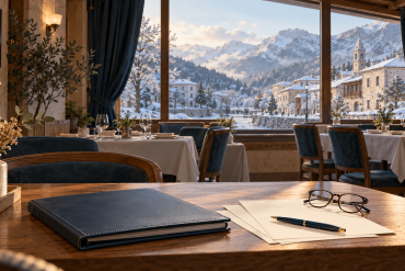 Ilustracija pripreme ugostiteljskog objekta za zimu: dokumentacija na stolu i restoran sa sniježnom ulicom u pozadini.