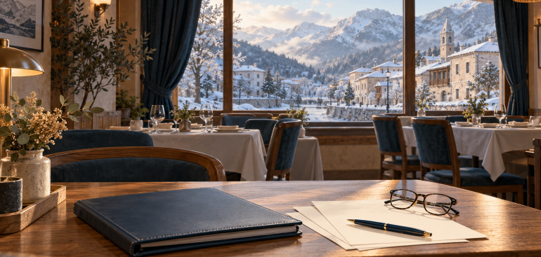 Ilustracija pripreme ugostiteljskog objekta za zimu: dokumentacija na stolu i restoran sa sniježnom ulicom u pozadini.