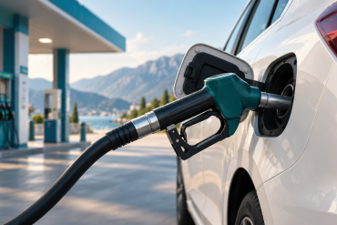 Ilustracija točenja goriva u bijeli automobil na benzinskoj stanici.