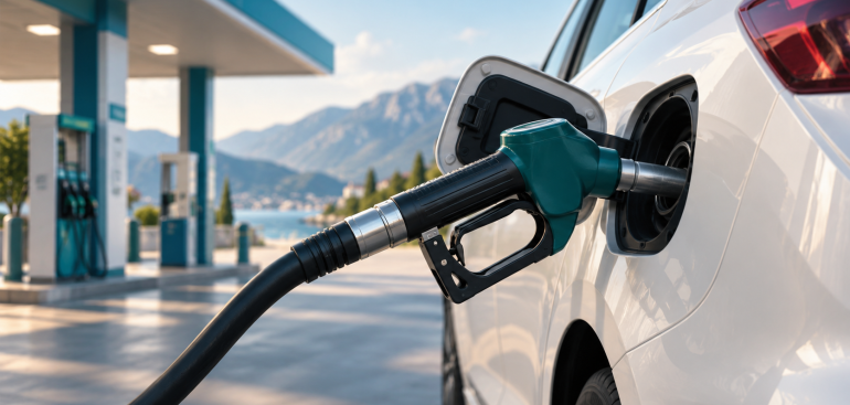 Ilustracija točenja goriva u bijeli automobil na benzinskoj stanici.